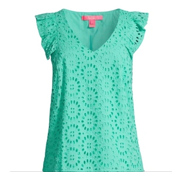 Lilly Pulitzer XS Lina Ruffle Eyelet Blouse In Gustavia Green - Picture 2 of 7